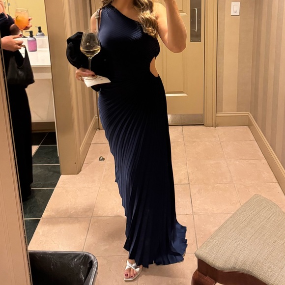 A.L.C. Delfina Asymmetrical Pleated Dress in Navy - Picture 6 of 11